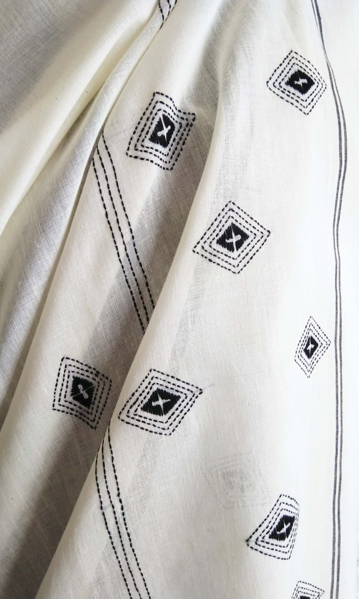 w86 Stole I Fine Kantha Hand Embroidery On Hand Woven Soft Cotton | Ready To Ship