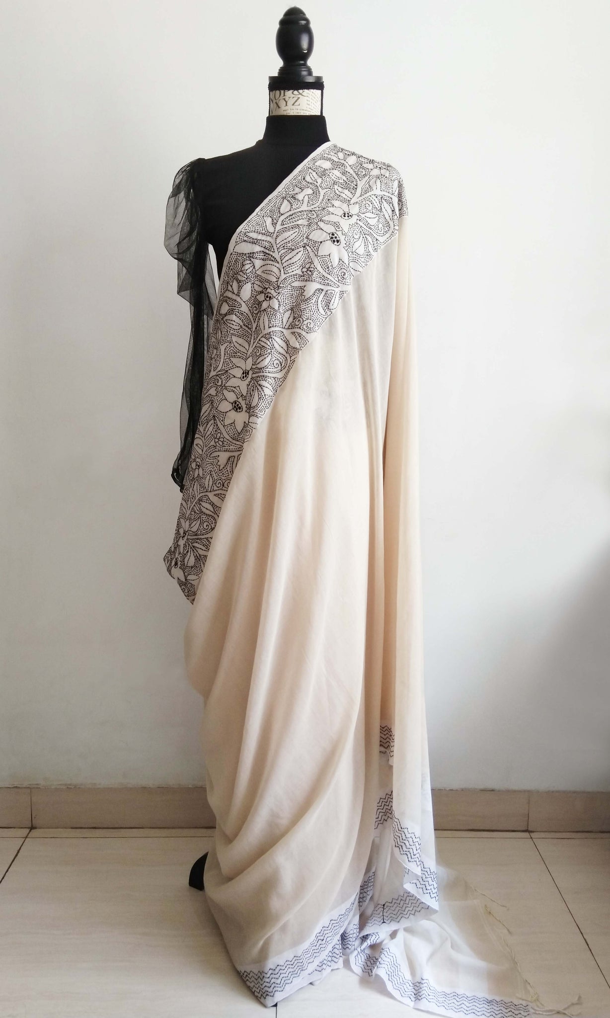 s06 Gulmo Kantha Sari I Fine Kantha Hand Embroidery On Hand Woven Soft Cotton | Made To Order In 15 - 20 Working Days