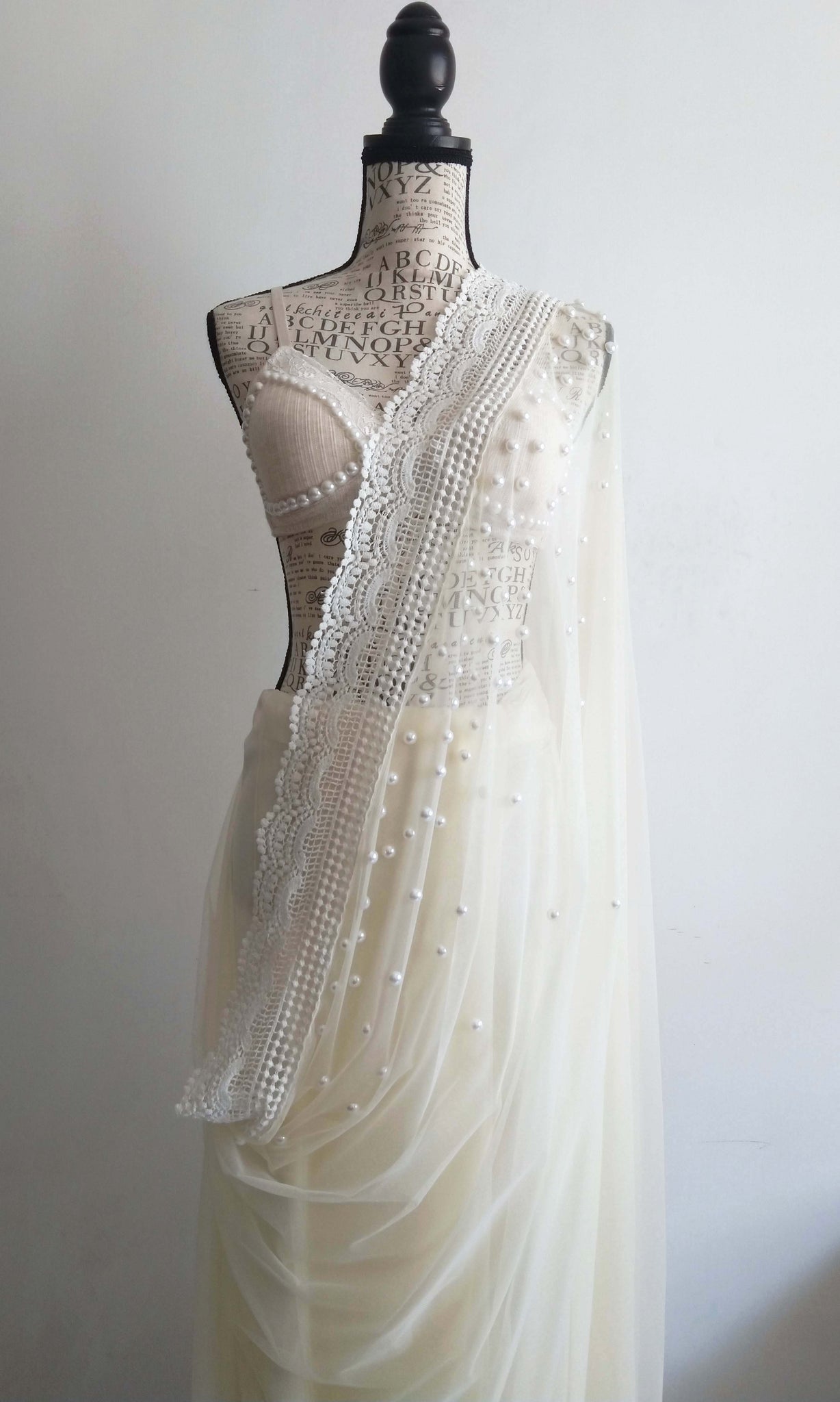 e42 Pearl Tulle Sari | Beaded & Crocheted Soft Tulle