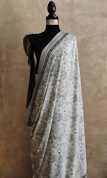 a06 Olden Print Sari I Screen Printed Premium Satin Crepe | Ready To Ship