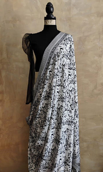 a09 Olden Print Sari I Screen Printed Premium Satin Crepe | Ready To Ship