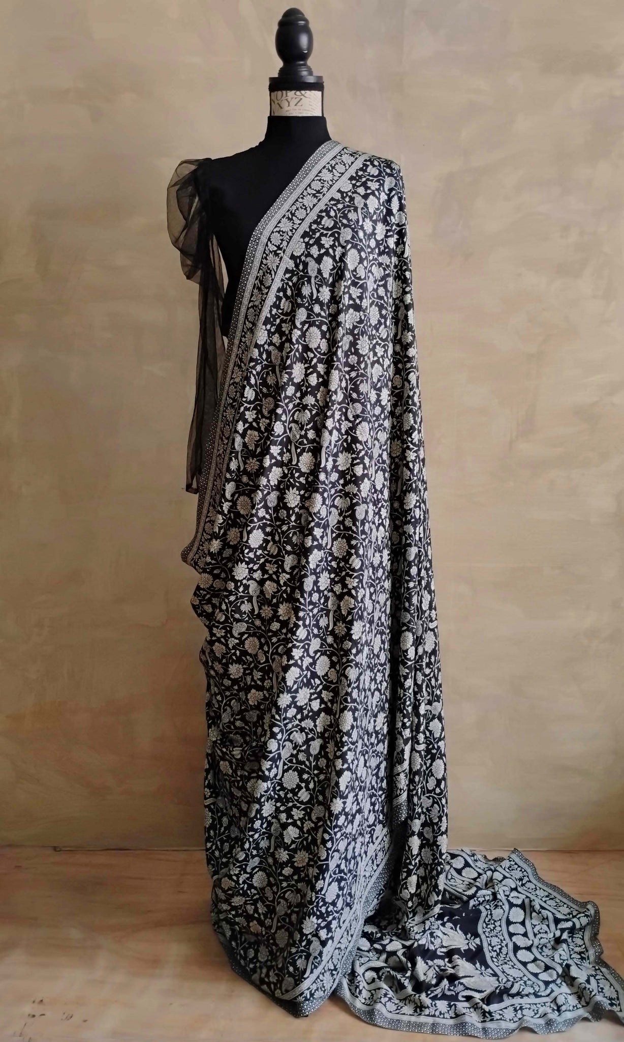 a12 Olden Print Sari I Screen Printed Premium Satin Crepe | Ready To Ship