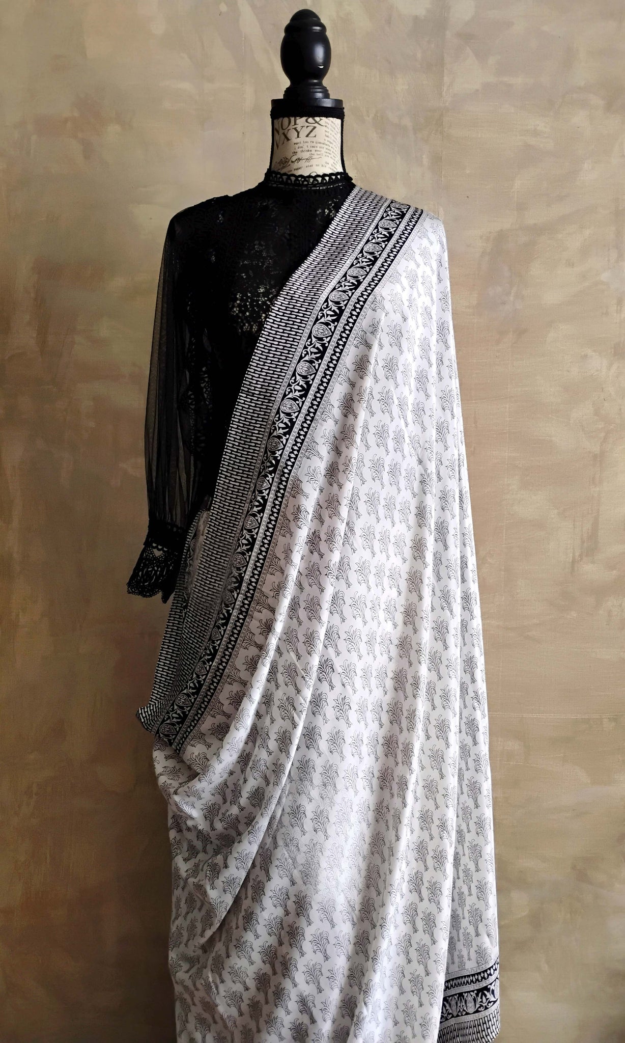 a08 Olden Print Sari I Screen Printed Premium Satin Crepe | Ready To Ship
