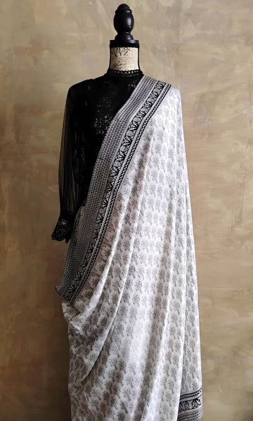 a08 Olden Print Sari I Screen Printed Premium Satin Crepe | Ready To Ship