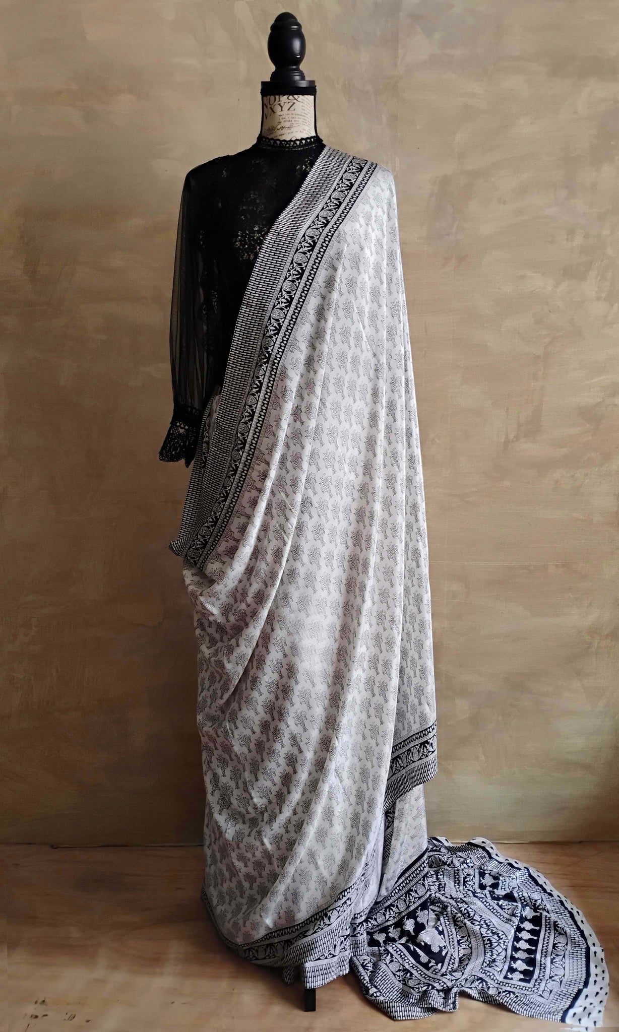 a08 Olden Print Sari I Screen Printed Premium Satin Crepe | Ready To Ship