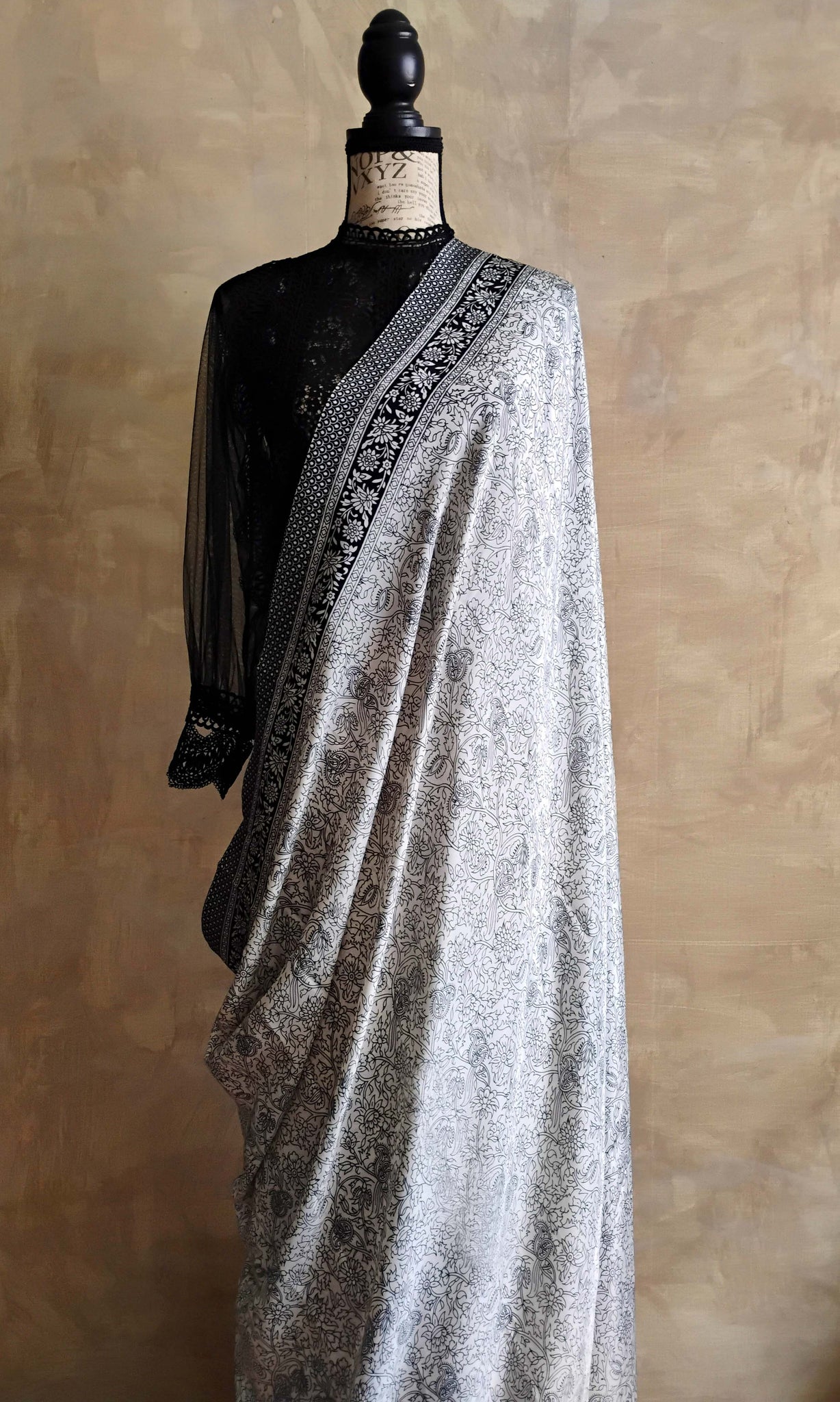 a11 Olden Print Sari I Screen Printed Premium Satin Crepe | Ready To Ship