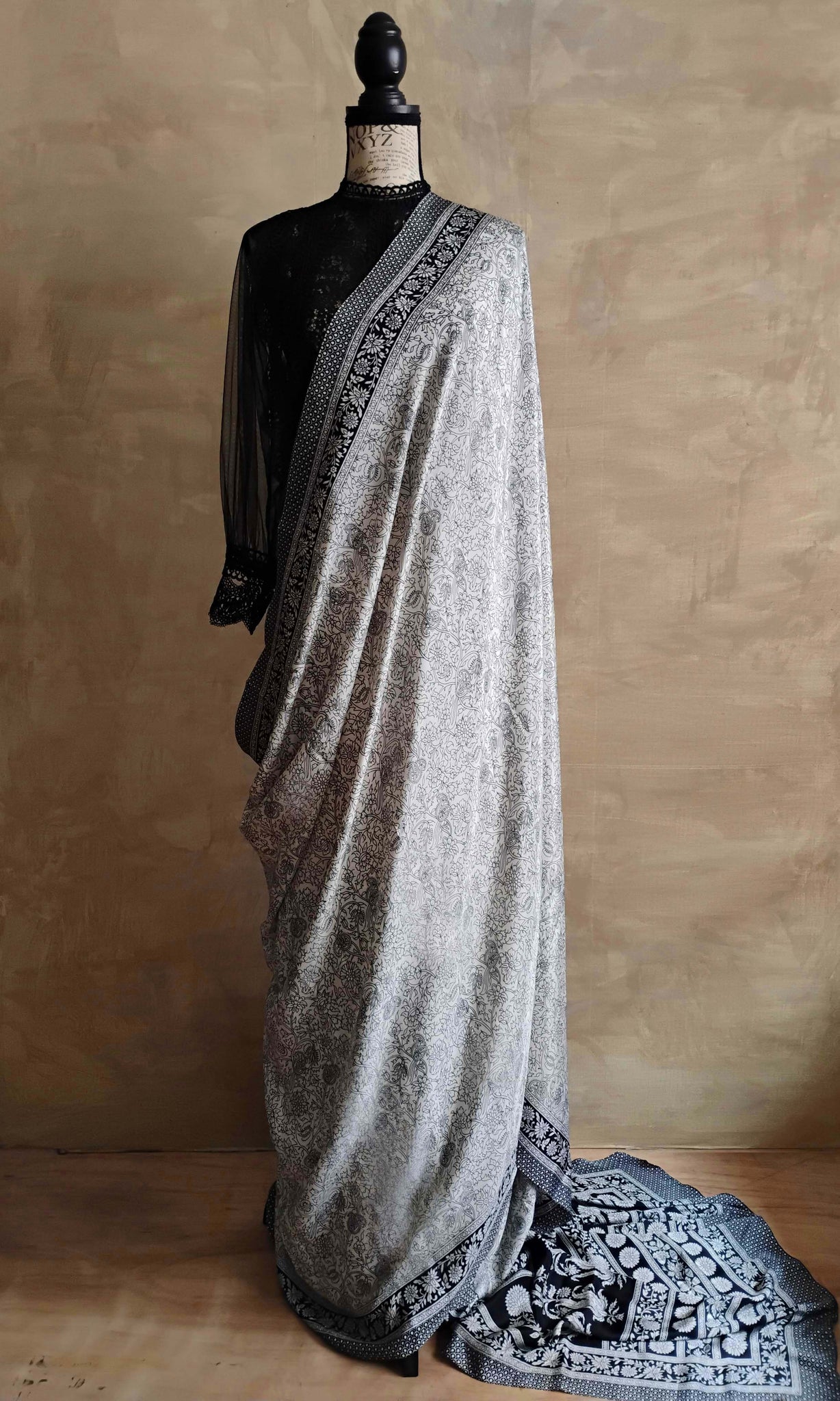 a11 Olden Print Sari I Screen Printed Premium Satin Crepe | Ready To Ship