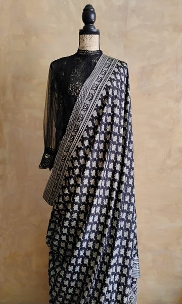 a10 Olden Print Sari I Screen Printed Premium Satin Crepe | Ready To Ship