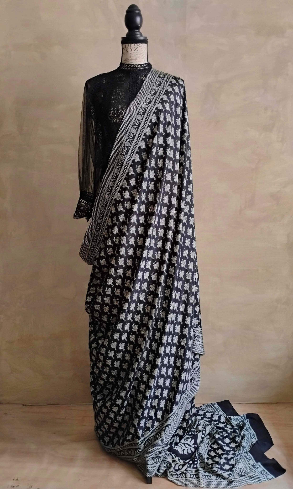 a10 Olden Print Sari I Screen Printed Premium Satin Crepe | Ready To Ship