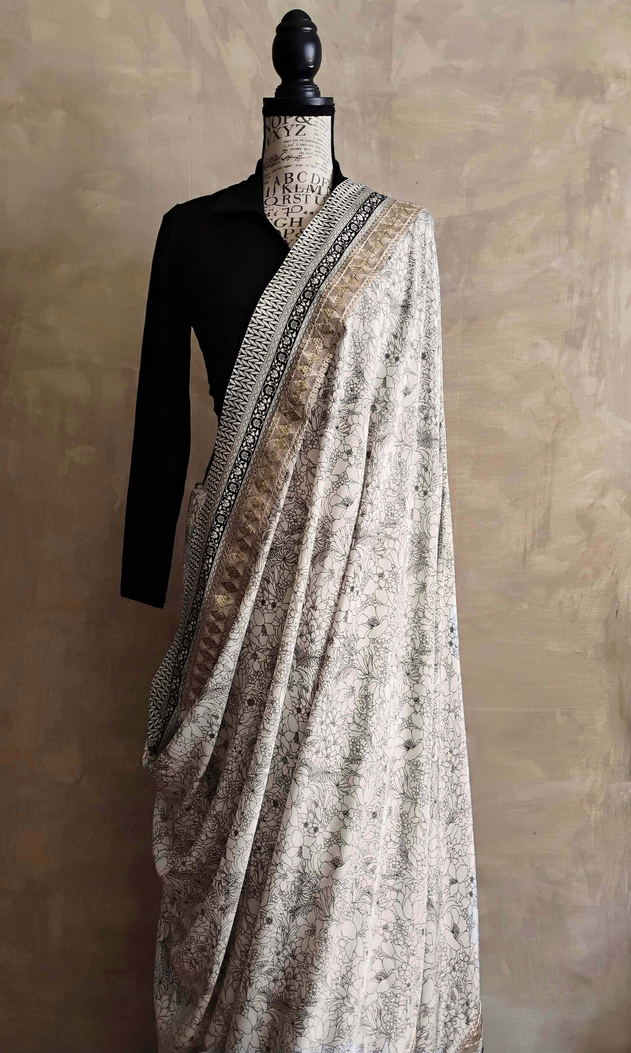 a39b Olden Print Sari I Screen Printed Premium Satin Crepe | Ready To Ship