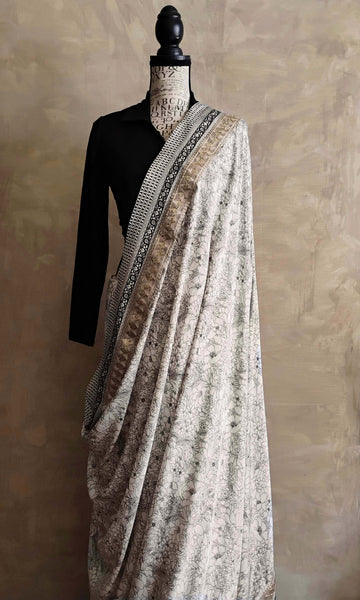 a39b Olden Print Sari I Screen Printed Premium Satin Crepe | Ready To Ship