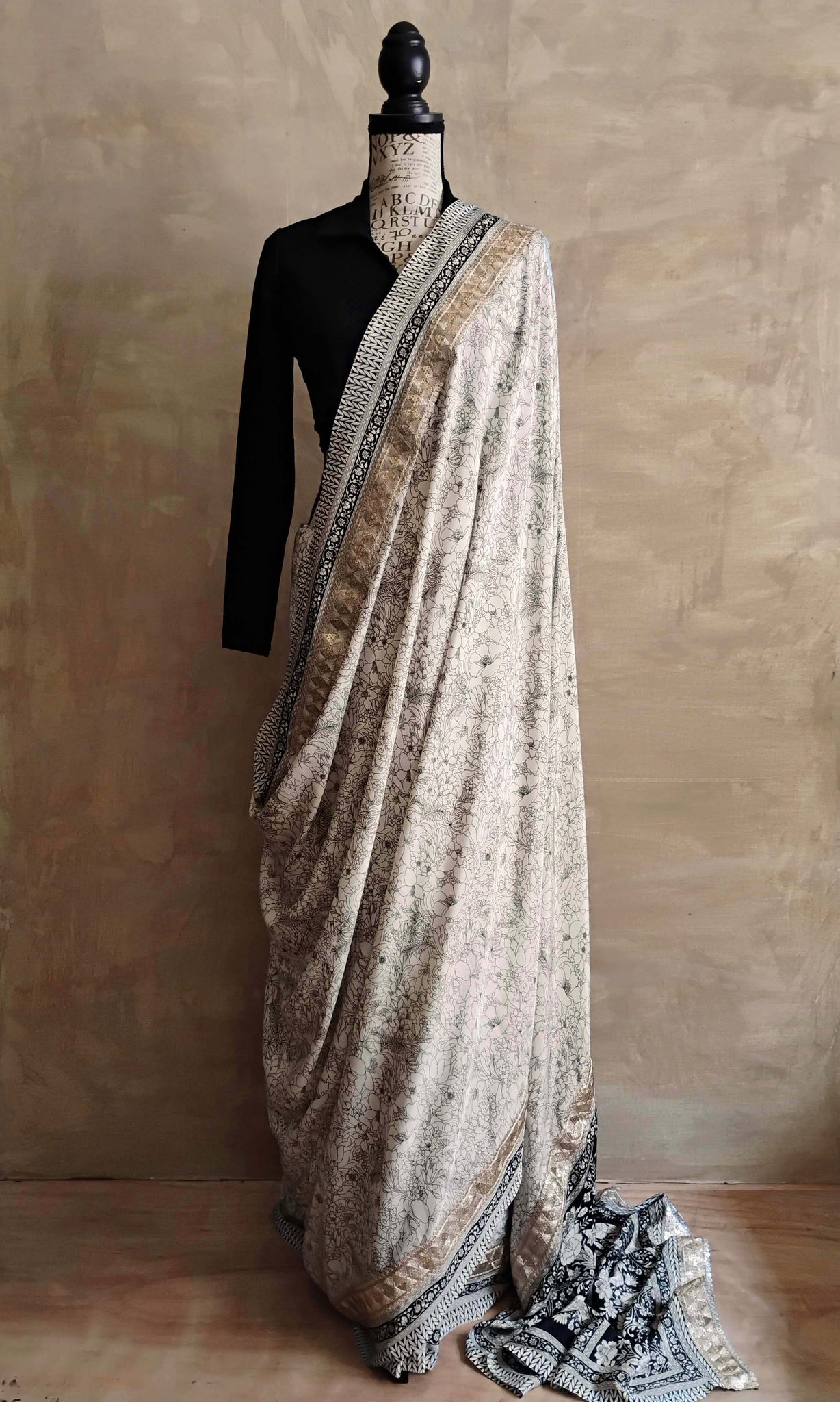 a39b Olden Print Sari I Screen Printed Premium Satin Crepe | Ready To Ship