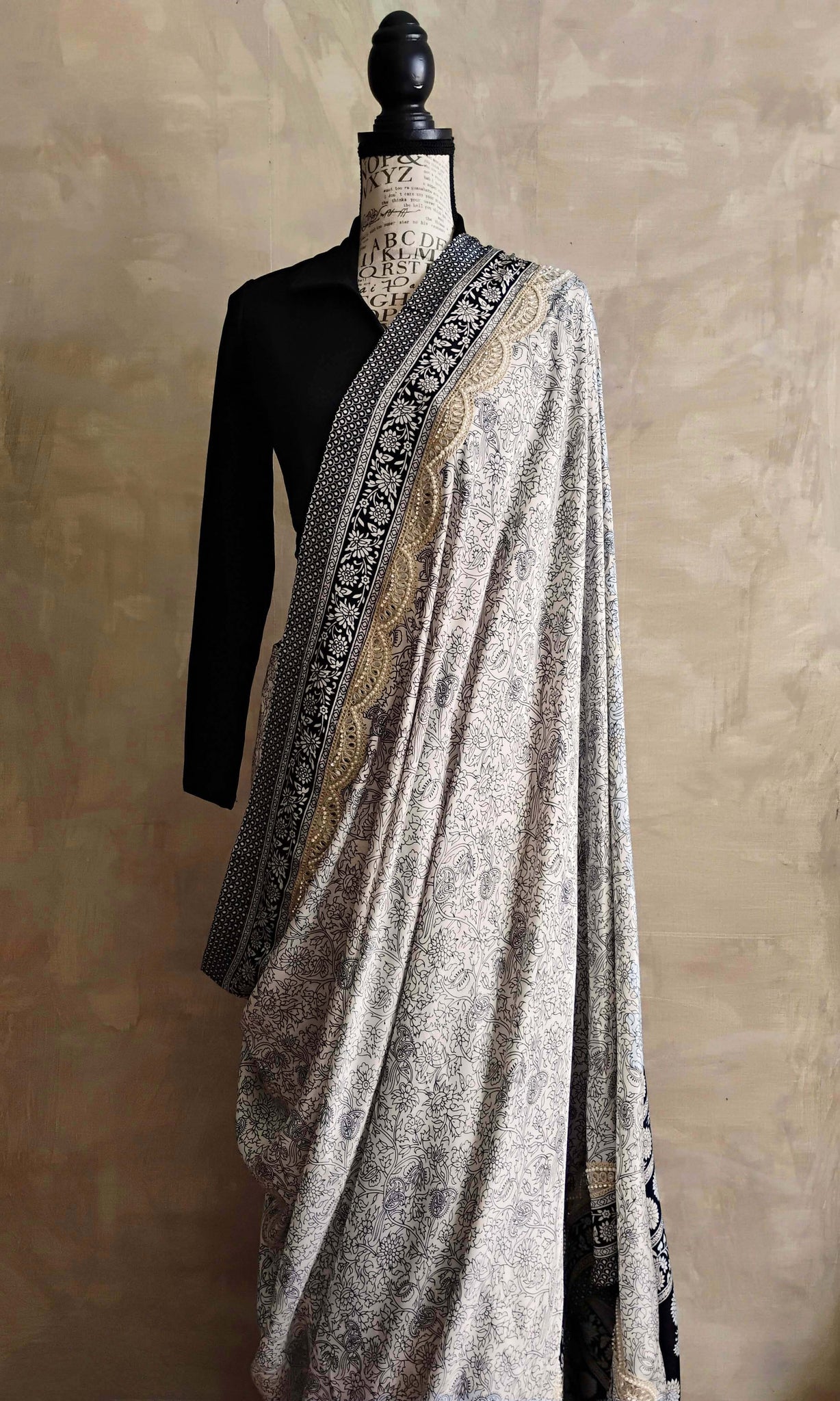 a41c Olden Print Sari I Screen Printed Premium Satin Crepe | Ready To Ship