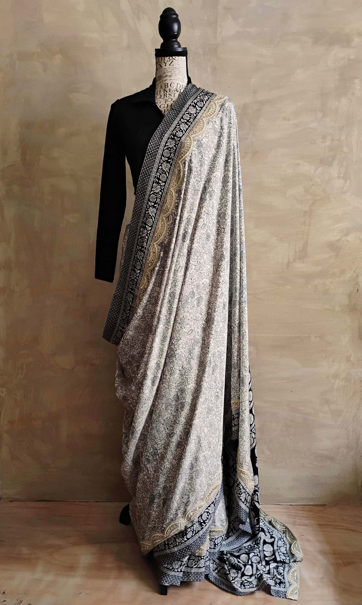 a41c Olden Print Sari I Screen Printed Premium Satin Crepe | Ready To Ship