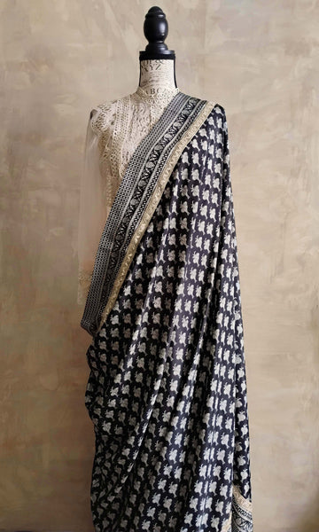 a41b Olden Print Sari I Screen Printed Premium Satin Crepe | Ready To Ship
