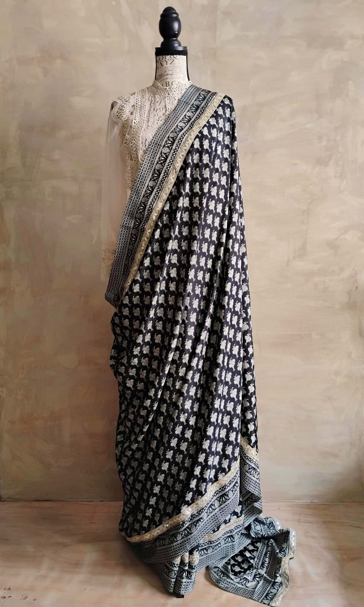 a41b Olden Print Sari I Screen Printed Premium Satin Crepe | Ready To Ship