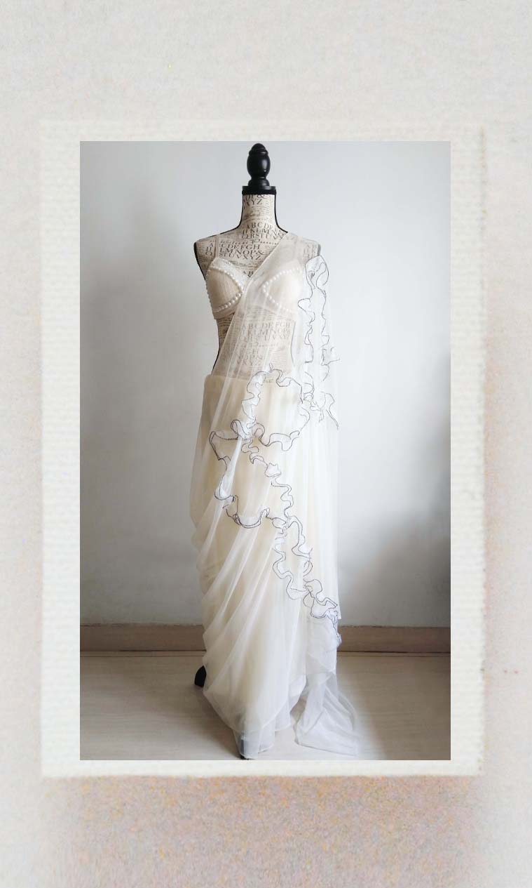 e53 Espoir Deconstructed Tulle Sari | Hand Textured Soft Tulle