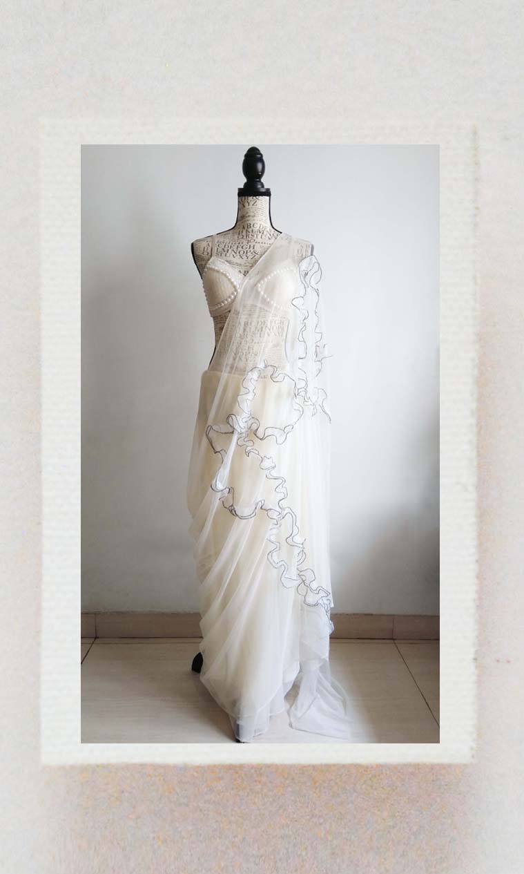 e53 Espoir Deconstructed Tulle Sari | Hand Textured Soft Tulle