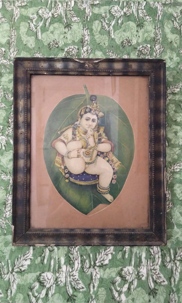 x14 Relic Leaf Krishna Picture Retained In Weathered Frame