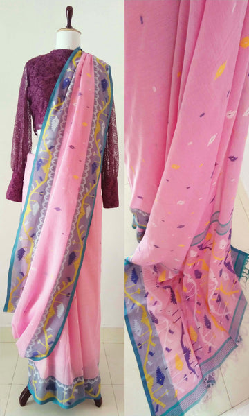 g17 Old Weave Jamdani Sari I Hand Woven Soft Cotton Mulmul