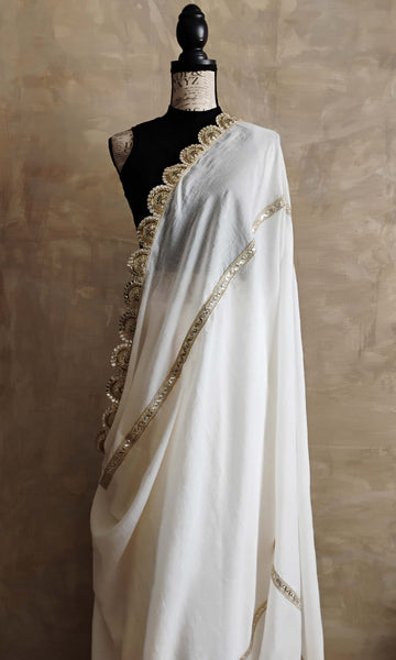 a20 Kora Sari | Unbleached Cotton Muslin | Extra Softened | Gota Patti Detailing | Ready To Ship Ready To Ship