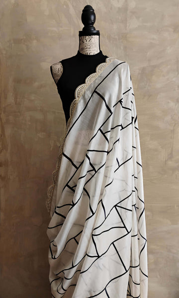 a40 Anais Sari I Soft Silk-By-Cotton Weave With Geometric Thread Work & Fine Beaded Border| Ready To Ship