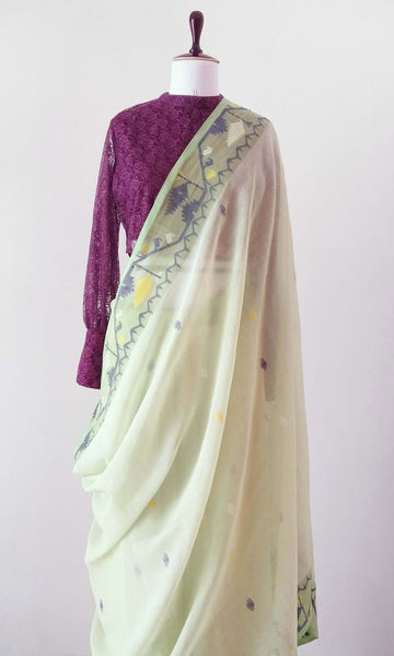 g14 Old Weave Jamdani Sari I Hand Woven Soft Cotton Mulmul