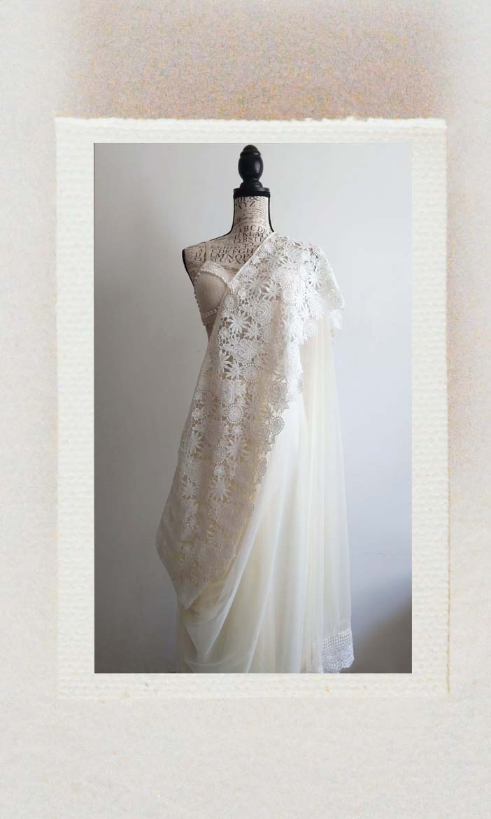 e40 Archaic Crocheted Tulle Sari | Crocheted Soft Tulle