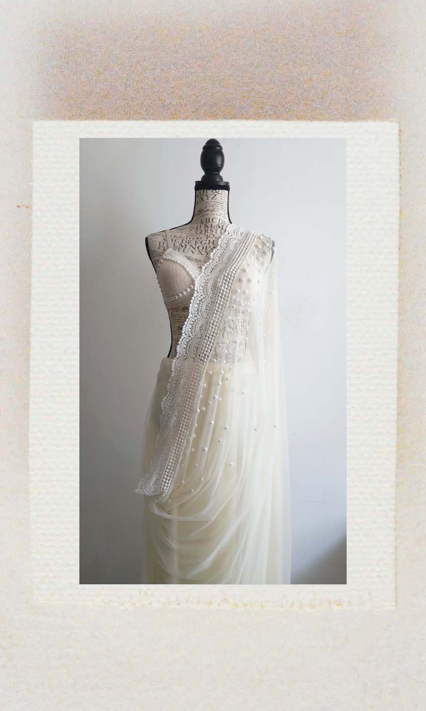e42 Pearl Tulle Sari | Beaded & Crocheted Soft Tulle