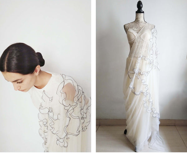 e53 Espoir Deconstructed Tulle Sari | Hand Textured Soft Tulle