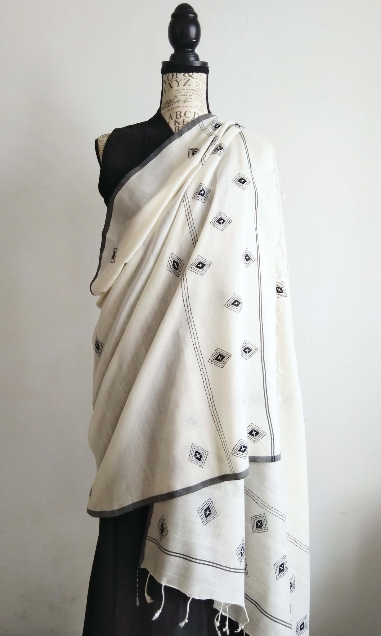 w86 Stole I Fine Kantha Hand Embroidery On Hand Woven Soft Cotton | Ready To Ship