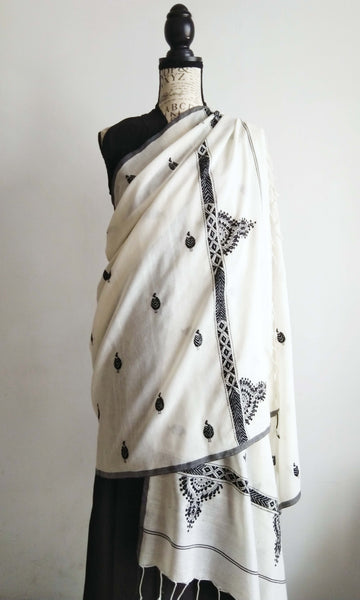 w88 Stole I Fine Kantha Hand Embroidery On Hand Woven Soft Cotton | Made To Order In 15 - 20 Working Days