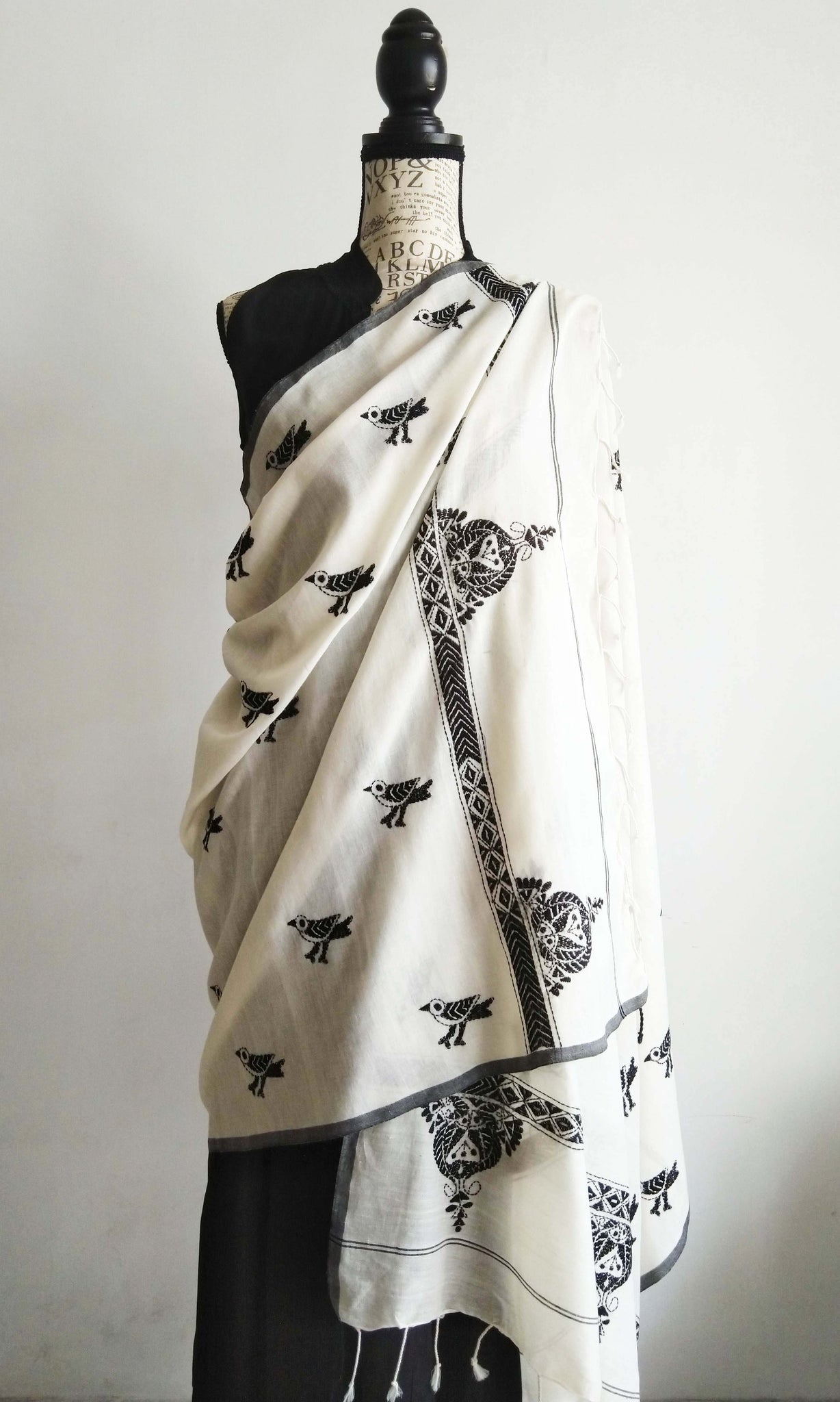 w90 Stole I Fine Kantha Hand Embroidery On Hand Woven Soft Cotton | Made To Order In 15 - 20 Working Days