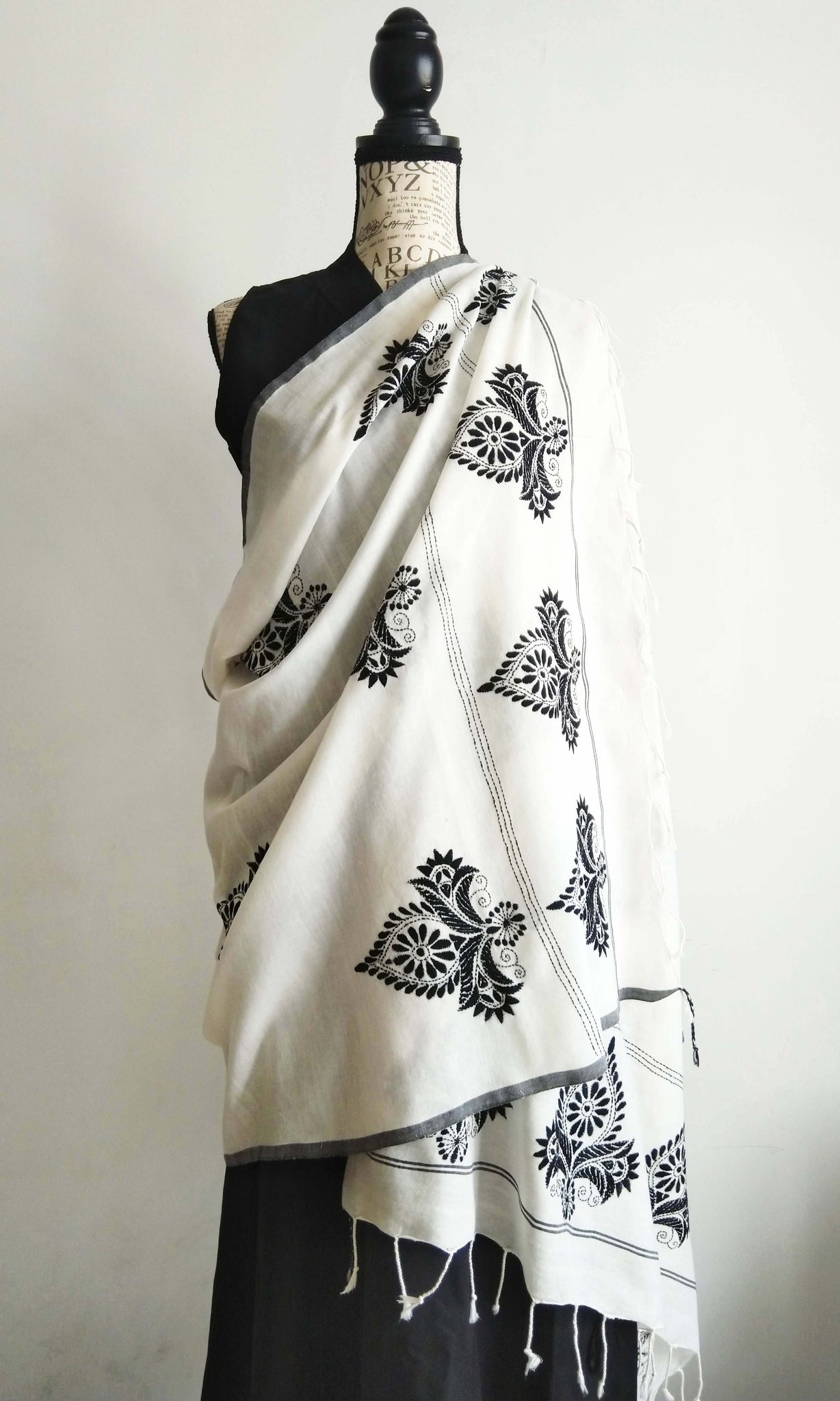 w94 Stole I Fine Kantha Hand Embroidery On Hand Woven Soft Cotton | Made To Order In 15 - 20 Working Days
